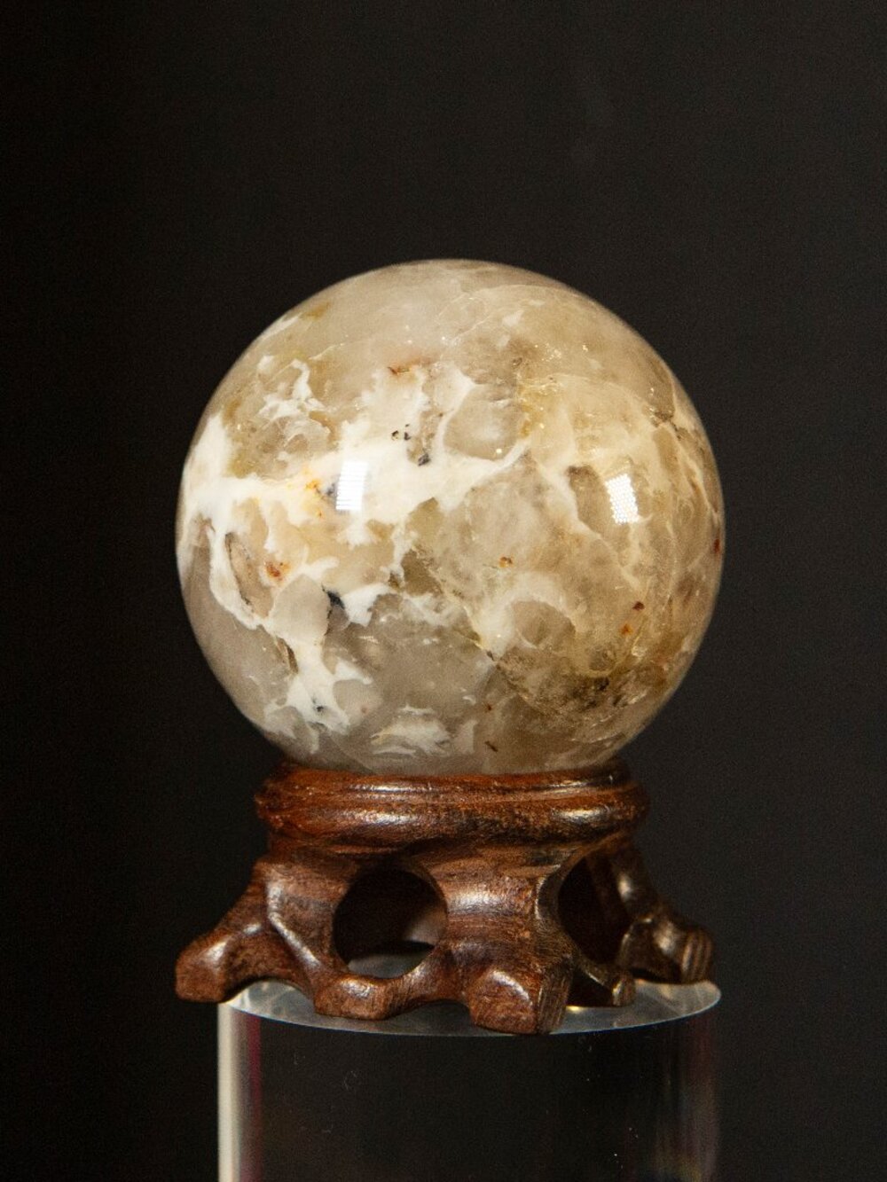 Natural Flower Agate Crystal Sphere 2” W/ Wood Stand